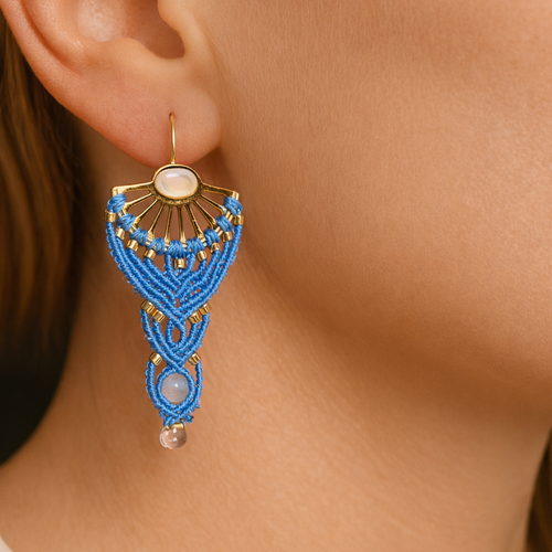 Boucles d'oreilles éventail micro-macramé – Pierre de lune, doré Micro Noeuds