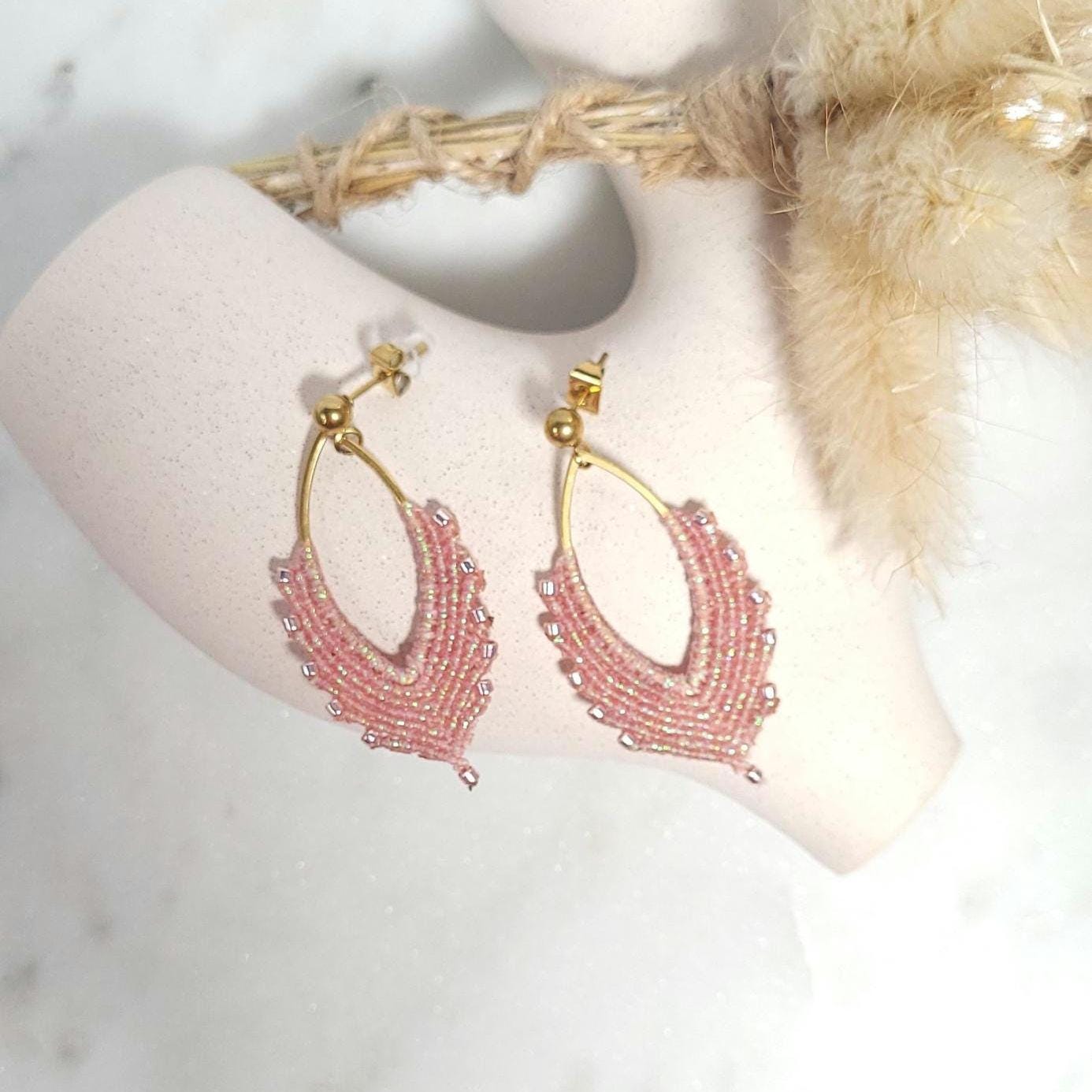 Boucles d’oreilles macramé, Forme navette, Élégantes et féminines, bijou personnalisable, bijou créateur
