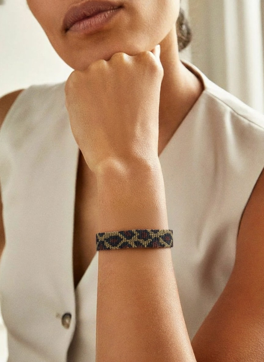 Bracelet manchette léopard micro-macramé acier inoxydable bohème chic
