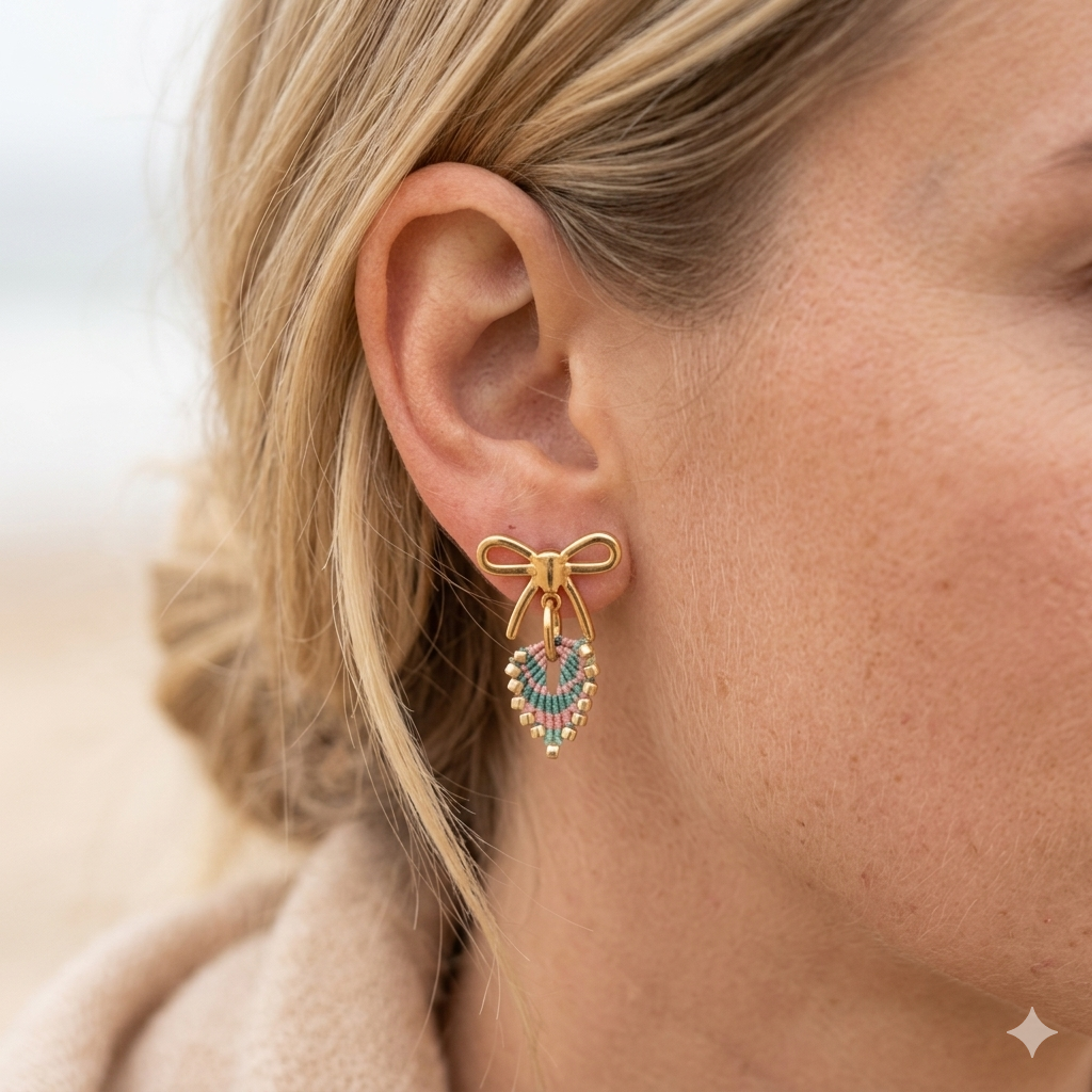 Détail nœud doré boucles d'oreilles micro macramé — Micro Nœuds