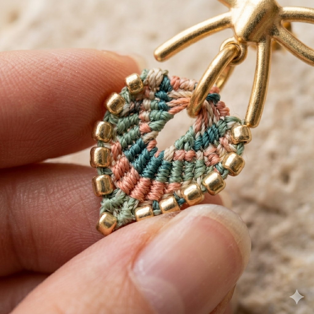 Gros plan texture micro macramé perles miyuki dorées — boucles d'oreilles fait main
