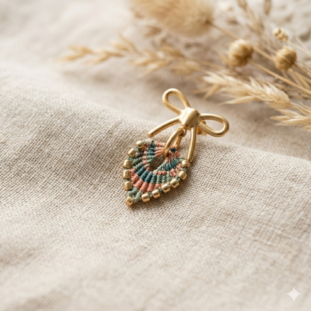 Boucles d'oreilles micro macramé nœud doré sur tissu naturel beige