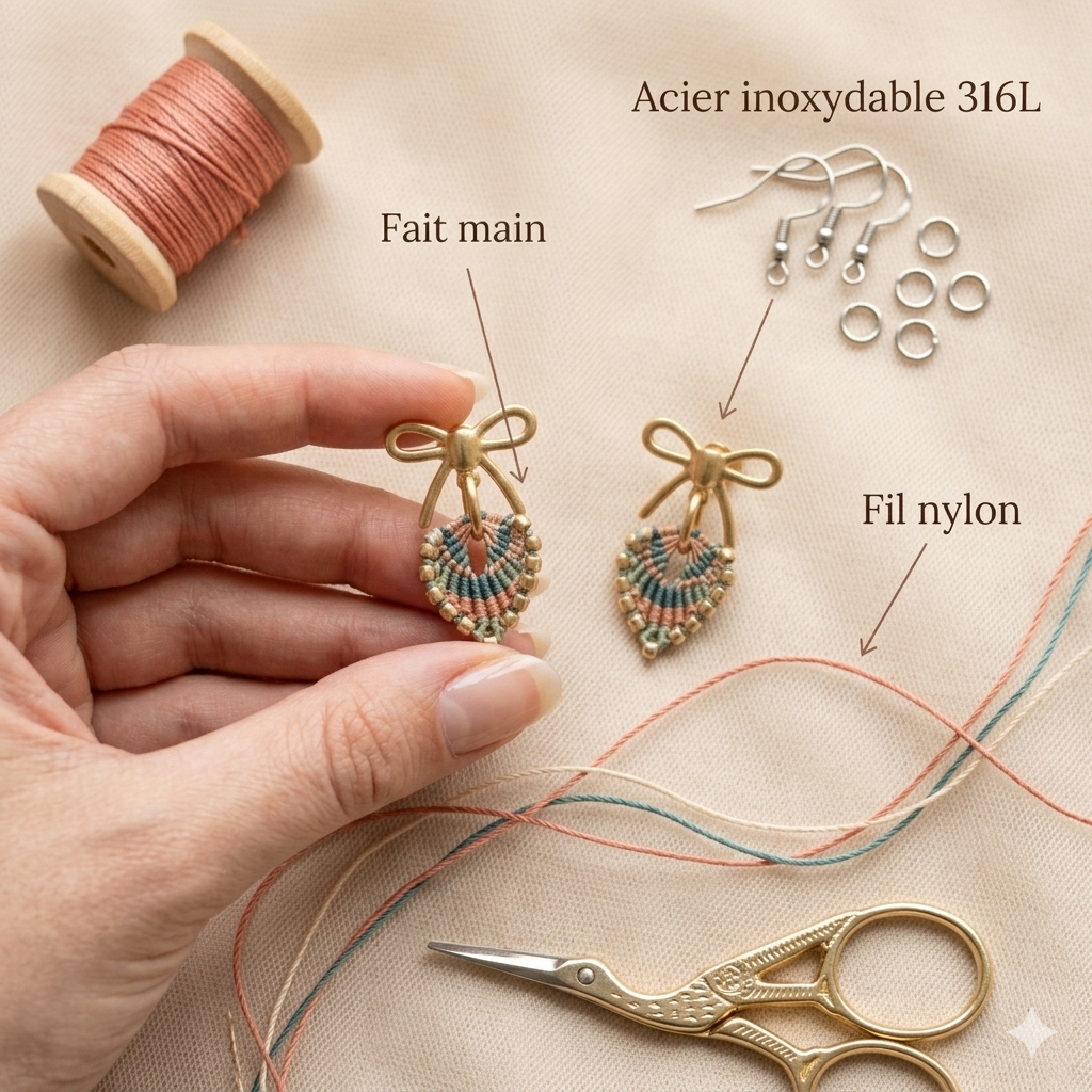 Boucles d'oreilles micro macramé nœud — matières fil nylon et acier inoxydable 316L