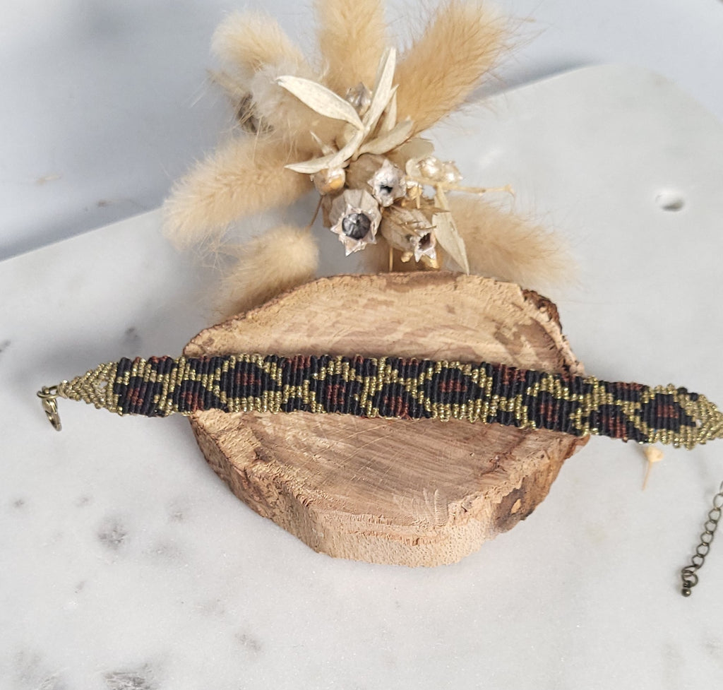 Bracelet manchette léopard micro-macramé acier inoxydable bohème chic
