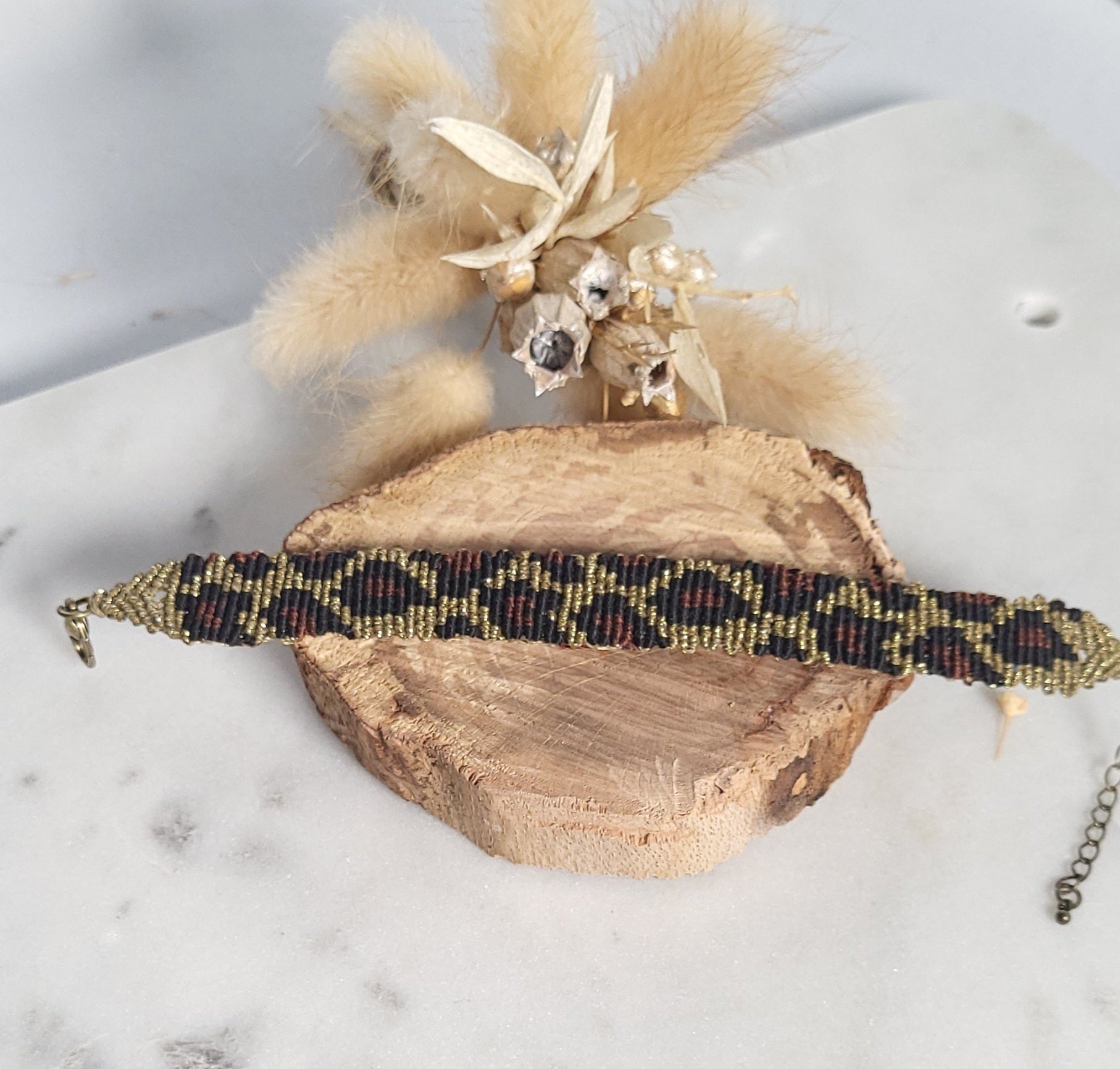 Bracelet manchette léopard micro-macramé acier inoxydable bohème chic
