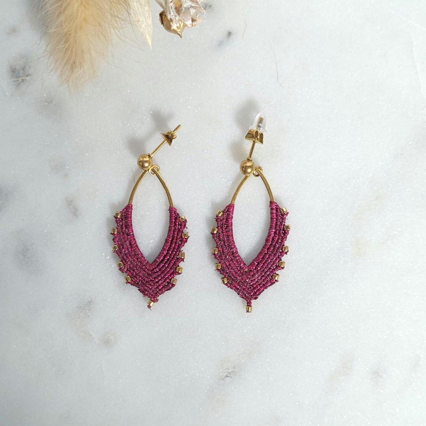 Boucles d’oreilles macramé, Forme navette, Élégantes et féminines, bijou personnalisable, bijou créateur