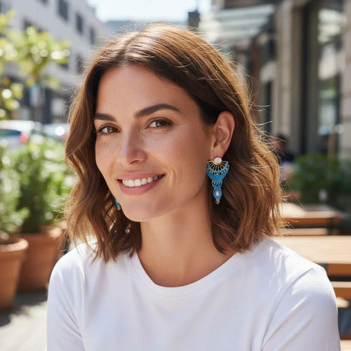 Boucles d'oreilles éventail micro-macramé pierre de lune doré bohème
