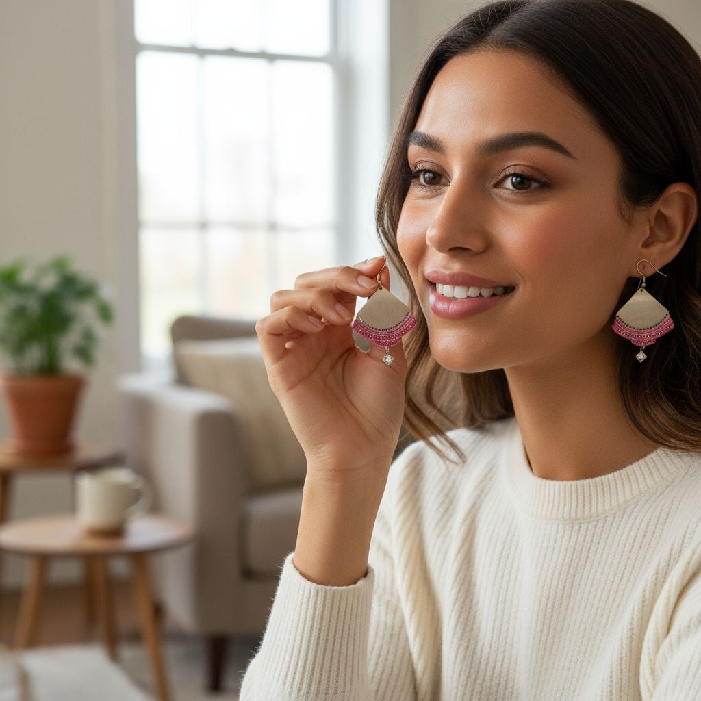 Boucles d’oreilles éventail doré et micro-macramé rose – Bijou artisanal fait main, élégant et léger Micro Noeuds