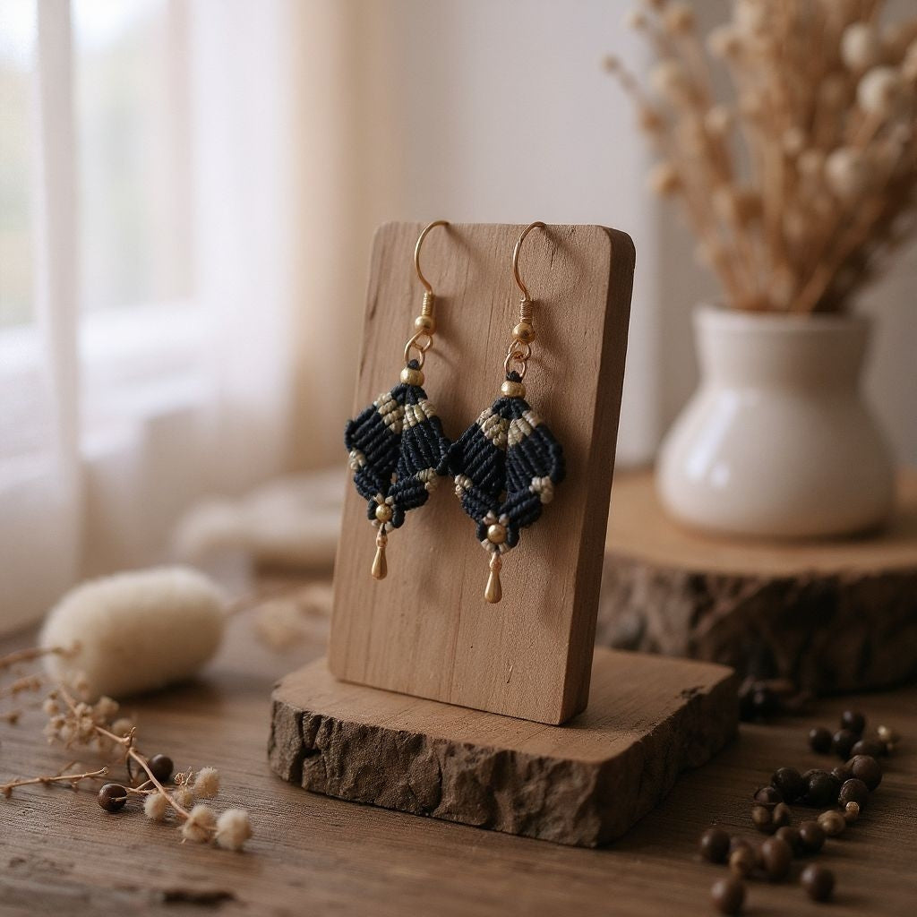 Boucles d'oreilles losange micro-macramé – Doré, perles, fait main Micro Noeuds