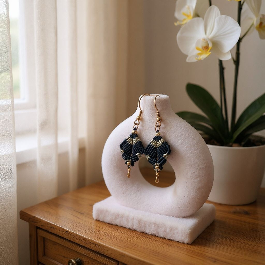 Boucles d'oreilles losange micro-macramé – Doré, perles, fait main Micro Noeuds