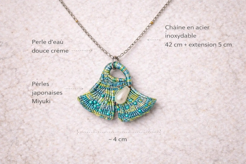 Collier micro-macramé éventa il turquoise avec perle nacre LAGUNA Micro Noeuds