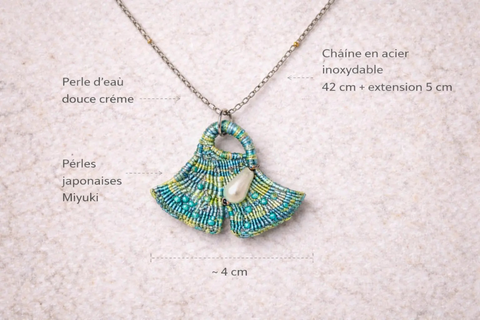 Collier micro-macramé éventa il turquoise avec perle nacre LAGUNA Micro Noeuds
