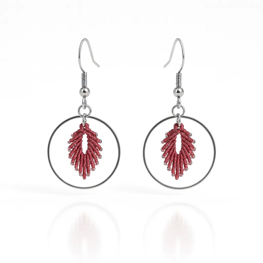 Boucles d’oreilles Cercle Rubis- micro-macramé & acier inoxydable-ARIELLE Micro Noeuds