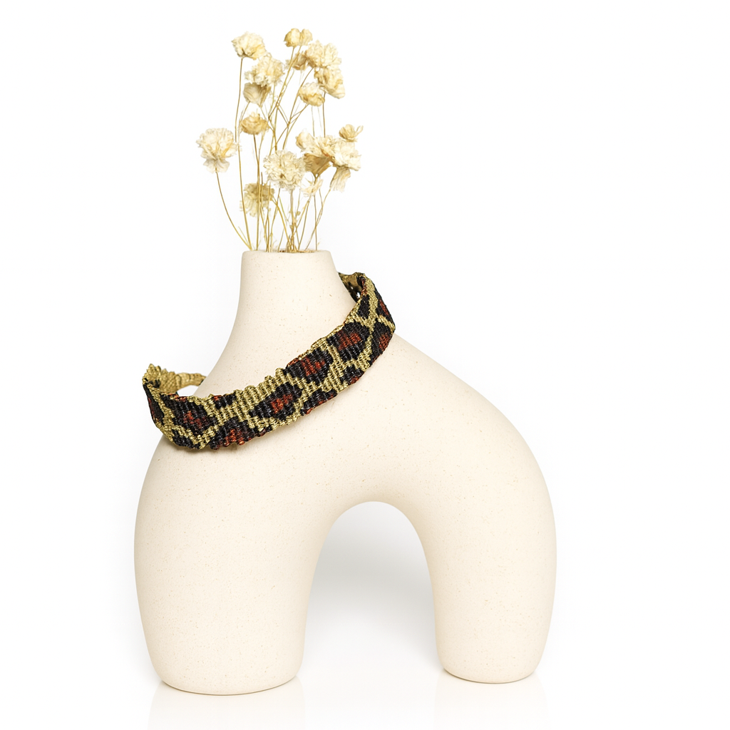 Bracelet manchette léopard micro-macramé acier inoxydable bohème chic
