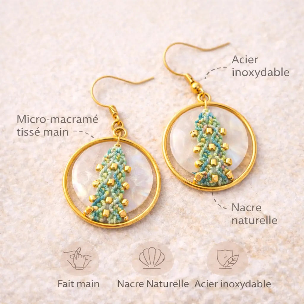 Boucles d’oreilles micro-macramé cercle nacre bohème Micro Noeuds