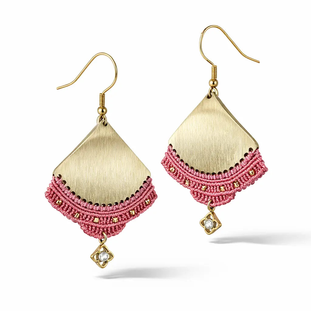 Boucles d’oreilles micro-macramé – Acier inoxydable & fil polyester Micro Noeuds
