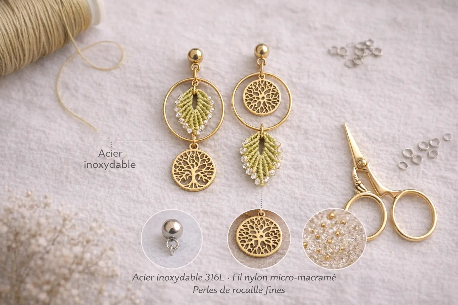 Boucles d’oreilles asymétriques micro-macramé personnalisables  SYNAE Micro Noeuds