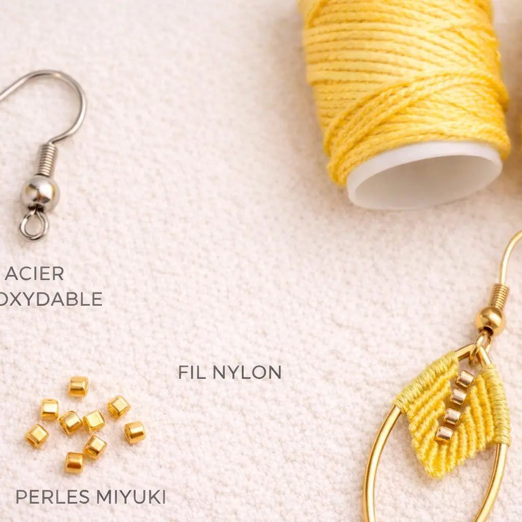 Boucles micro-macramé feuille navette Oraya matériaux fil nylon perles