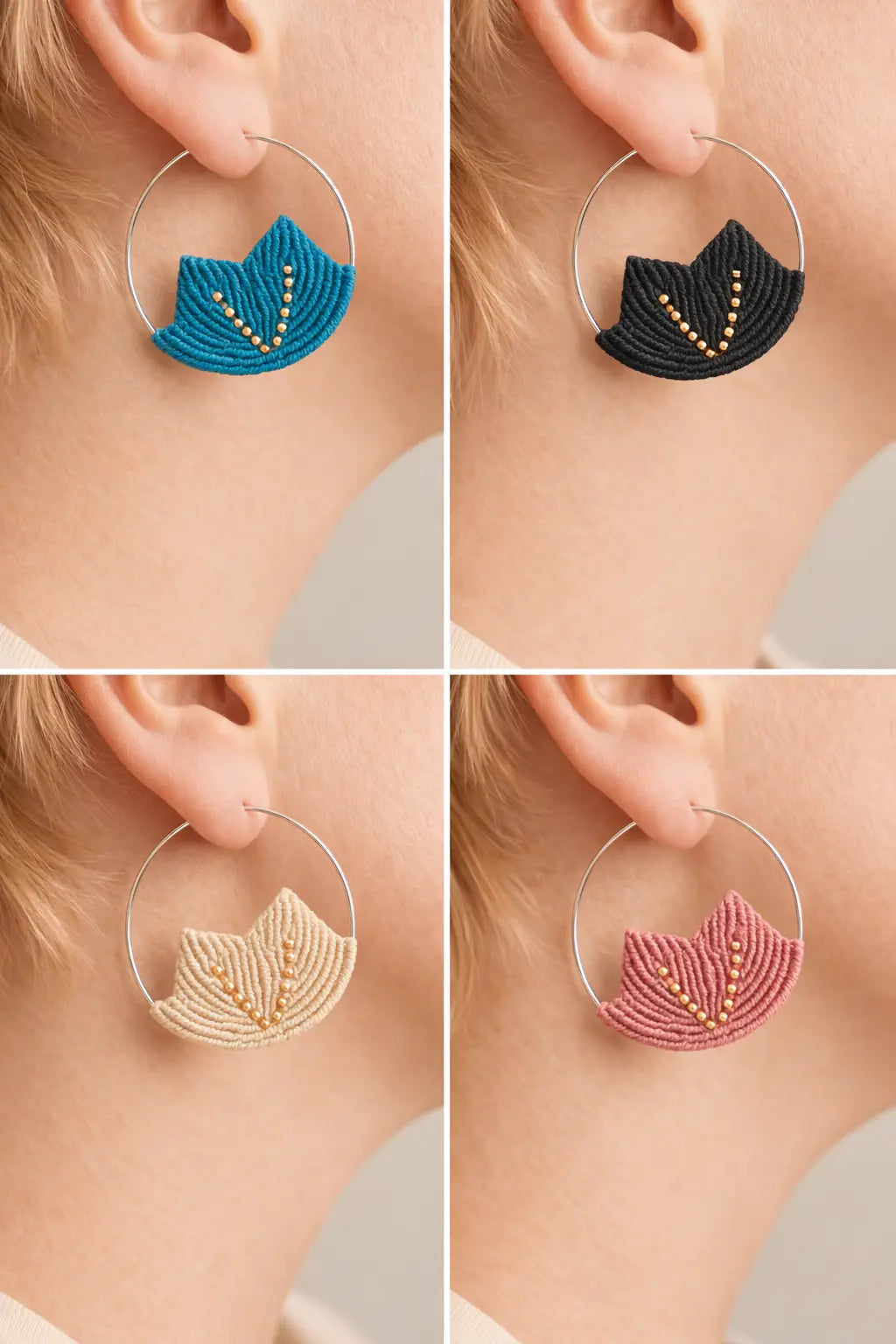 Boucles d’oreilles créoles feuille micro-macramé-SANYA Micro Noeuds