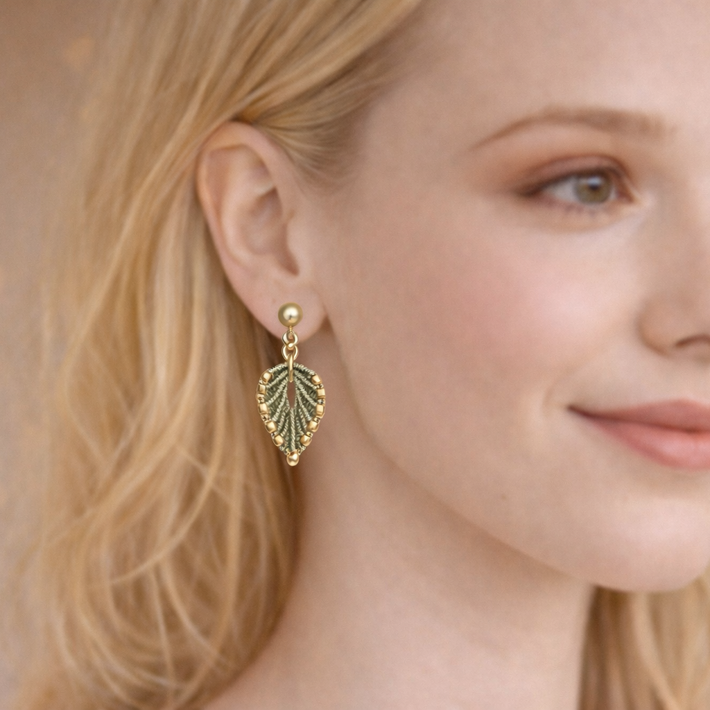 Boucles d'oreilles feuille micro-macramé argenté – Fait main