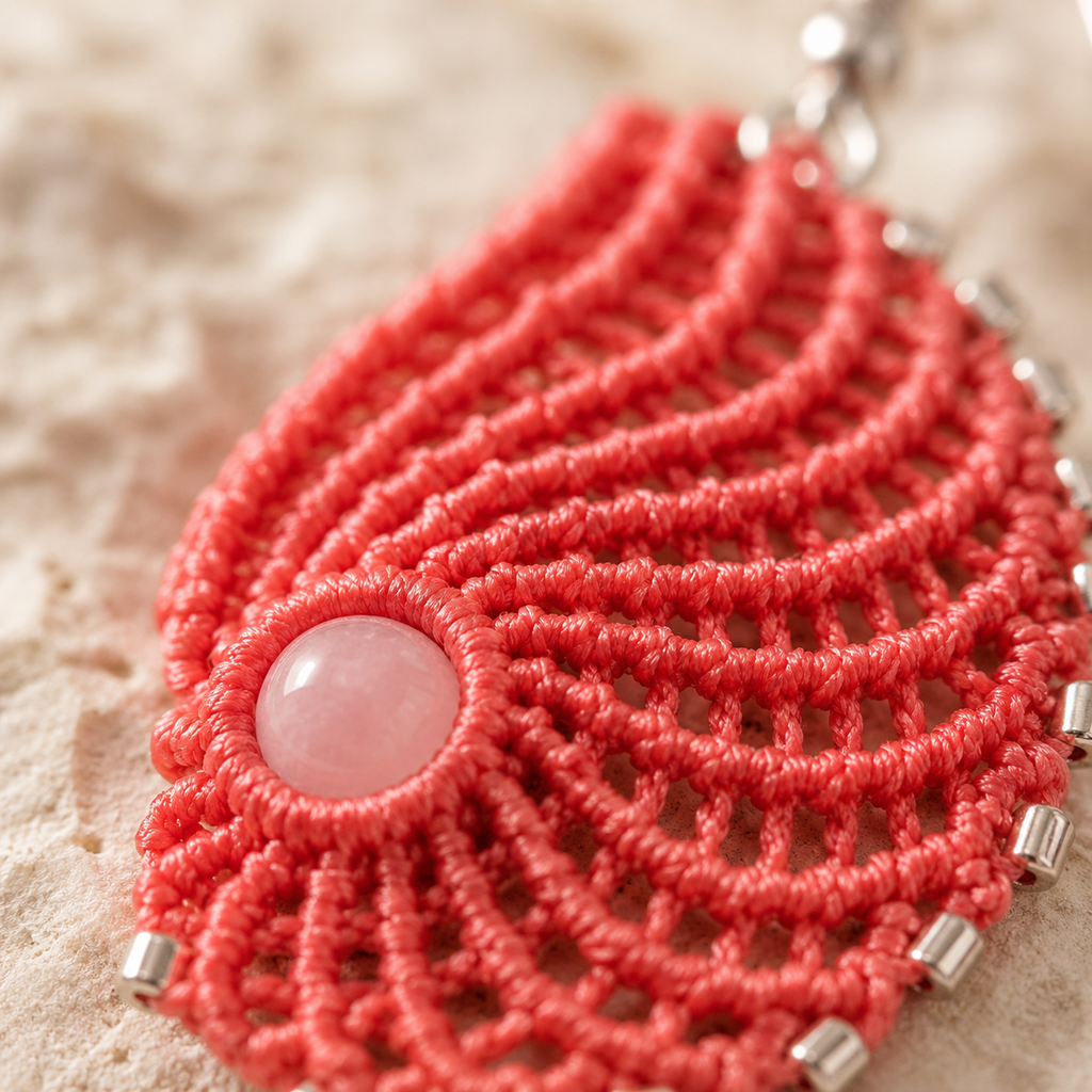 Nautea – boucles d'oreilles micro-macramé éventail & pierre de lune