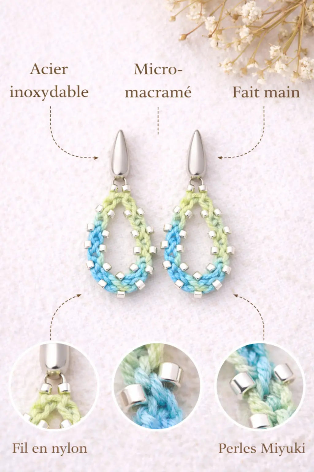 Boucles d’oreilles Azura – micro-macramé & argent 925 AZURA Micro Noeuds