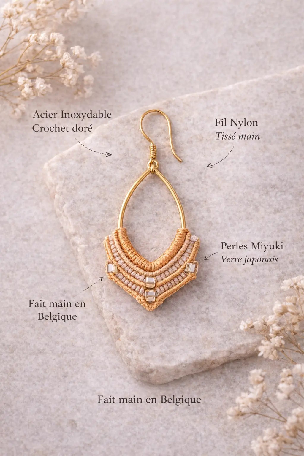 Boucles d’oreilles micro-macramé navette bohème ELYNA Micro Noeuds