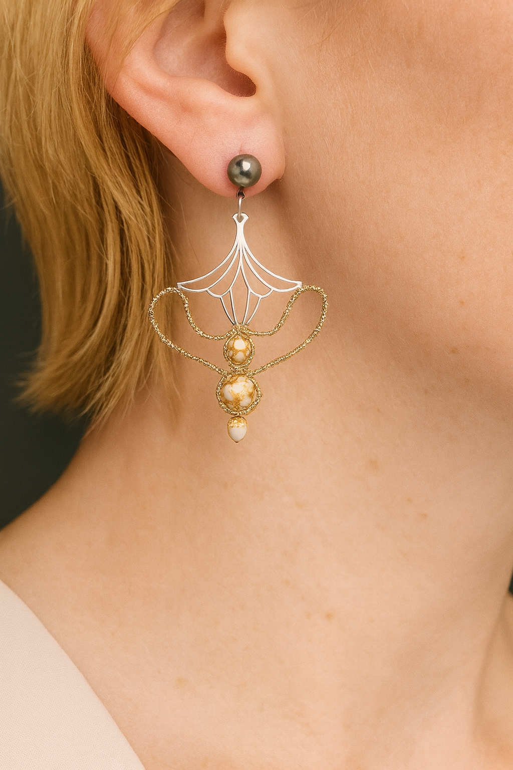 Boucles d'oreilles micro-macramé – Pierre naturelle, mariage Micro Noeuds