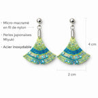 Boucles d’oreilles, collier micro-macramé feuille ginkgo LAGUNA B.O Micro Noeuds