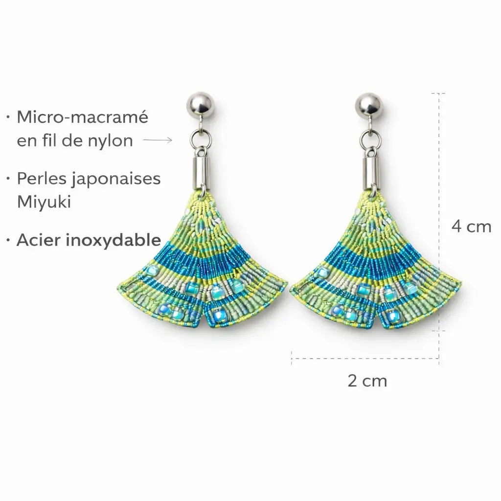 Boucles d’oreilles, collier micro-macramé feuille ginkgo LAGUNA B.O Micro Noeuds