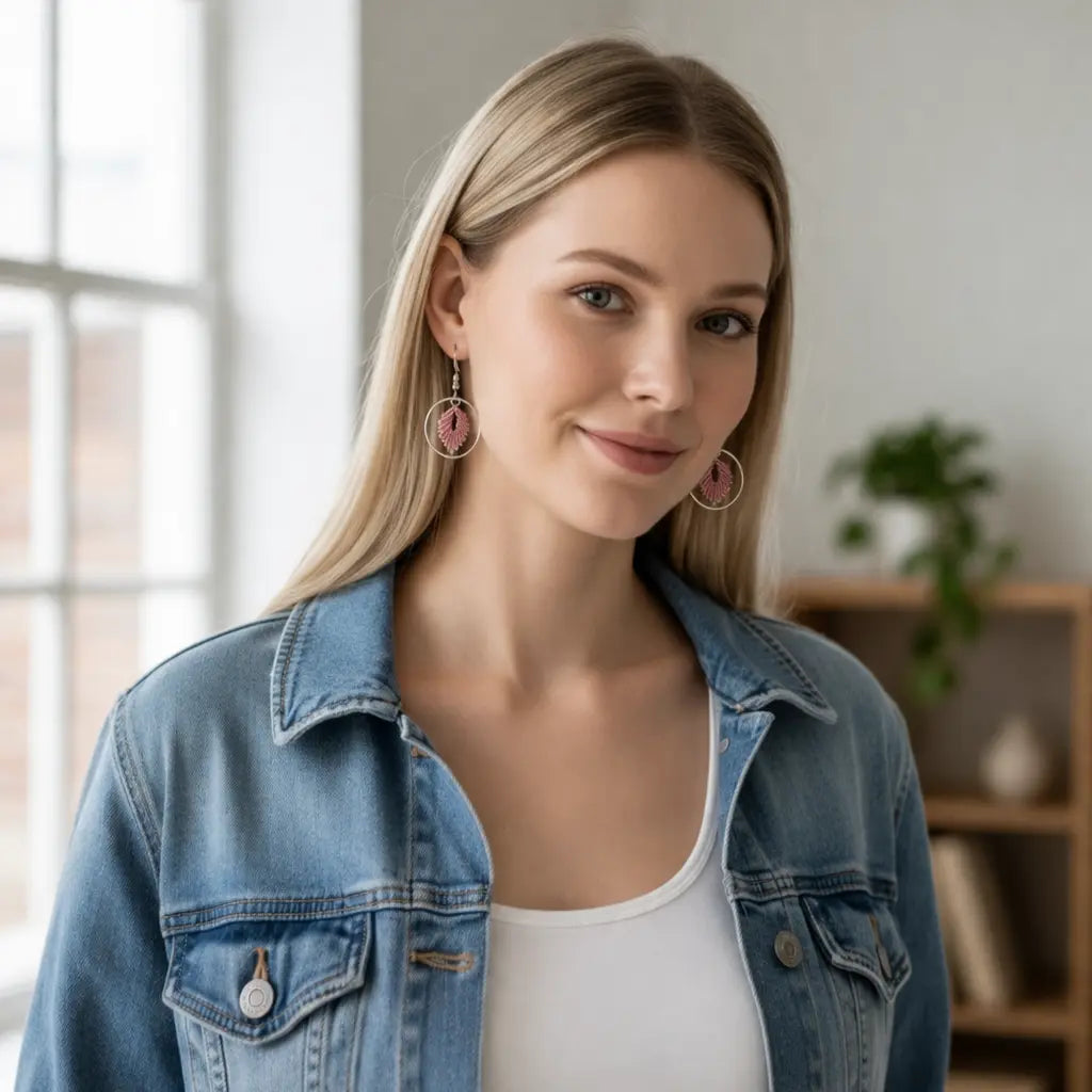 Boucles d’oreilles Cercle Rubis- micro-macramé & acier inoxydable-ARIELLE Micro Noeuds
