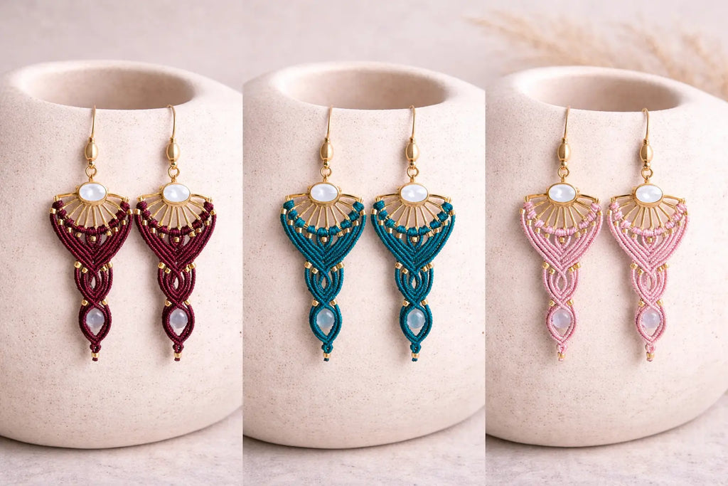 Boucles d’oreilles Maiia – micro-macramé & pierre de lune Micro Noeuds
