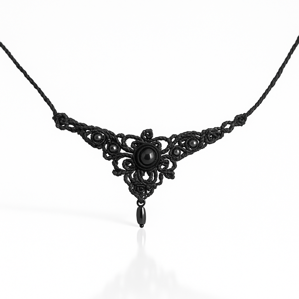 Collier micro-macramé noir – Acier inoxydable, fait main hématite Micro Noeuds