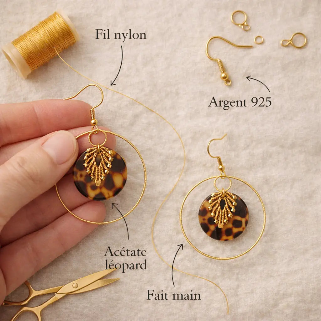 Boucles d’oreilles micro-macramé anneau écaille bohème TIMA Micro Noeuds