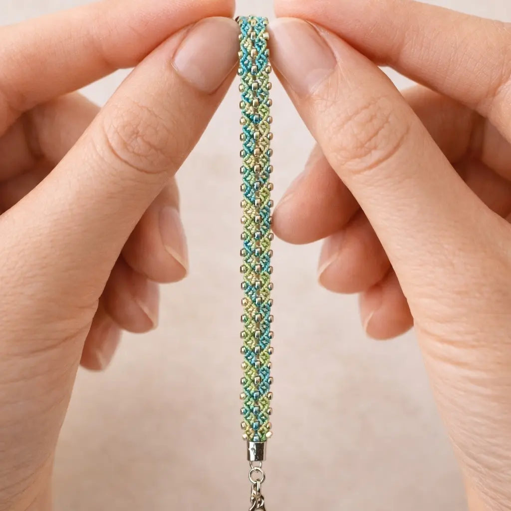 Bracelet Fleuri – micro-macramé rose & vert-LINEA Micro Noeuds