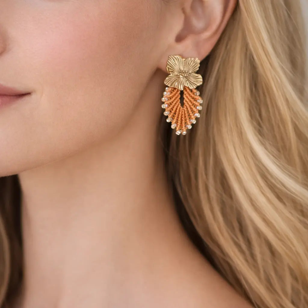 boucles oreilles macrame orange dore fait main