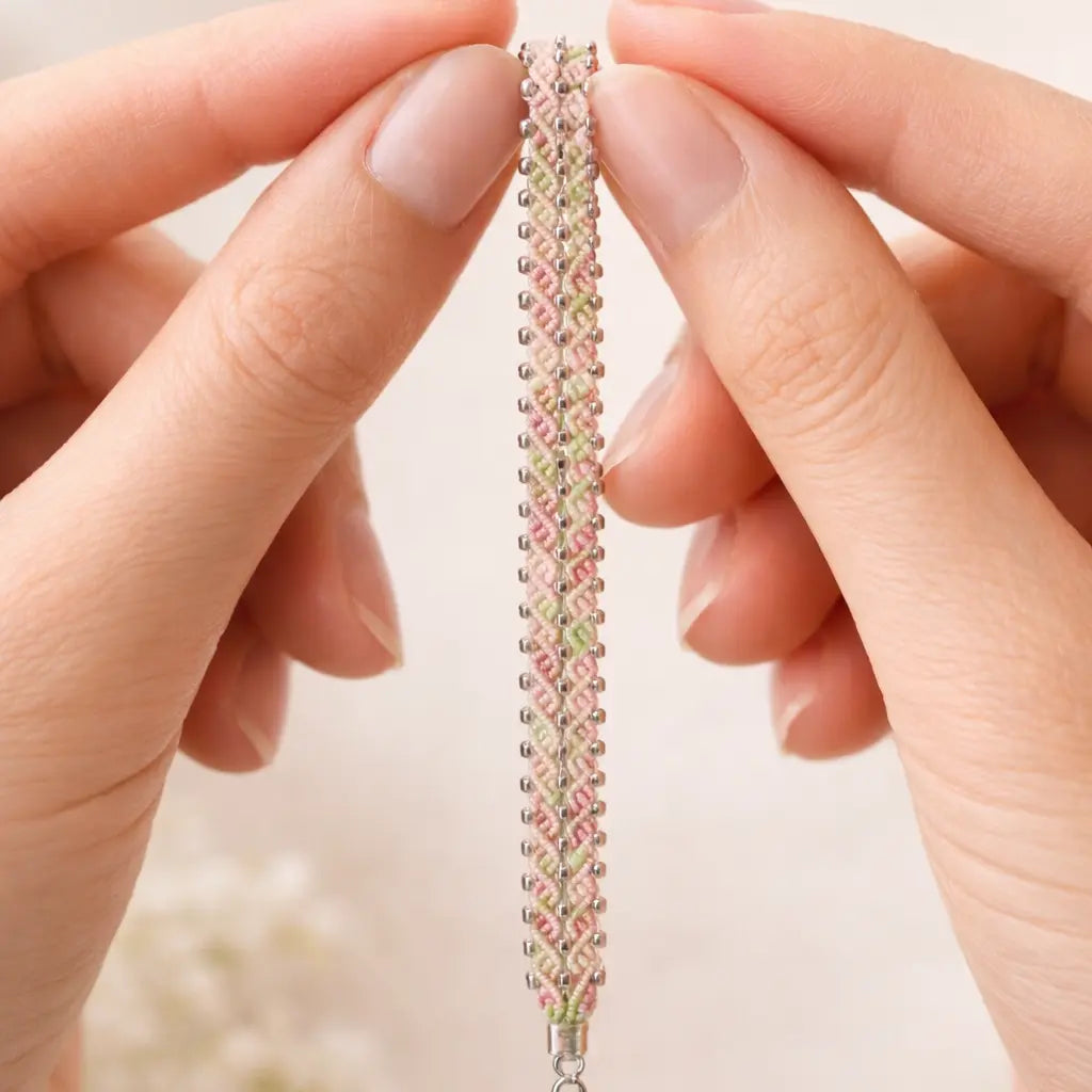Bracelet Fleuri – micro-macramé rose & vert-LINEA Micro Noeuds