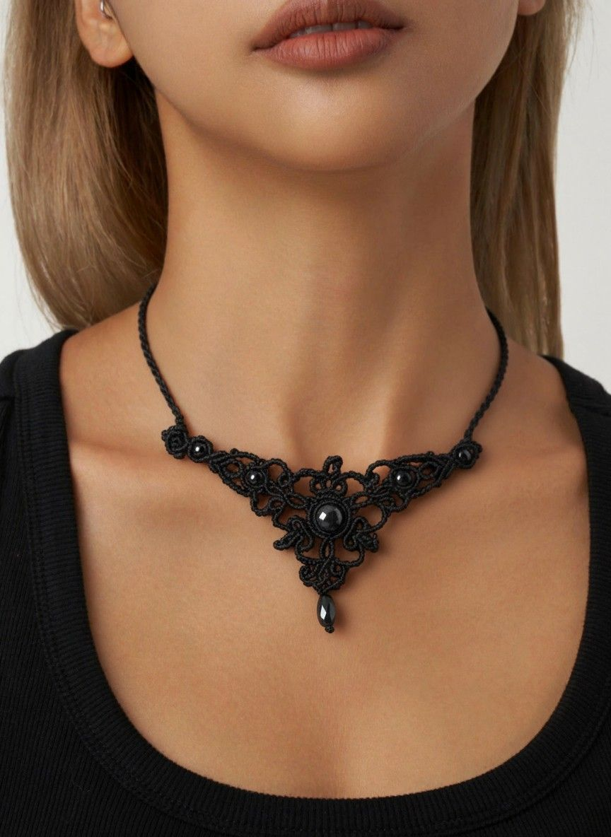 Colliers micro-macramé noir acier inoxydable fait main bohème hématite 
