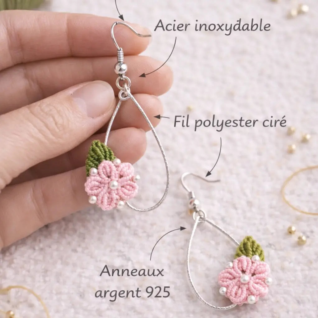Boucles d’oreilles Églantine – micro-macramé & argent 925 ROSINA Micro Noeuds
